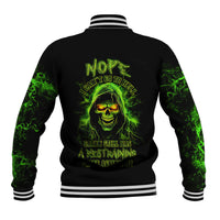 Black baseball jacket with neon green skull and text graphic, striped rib collar & cuffs