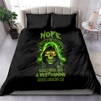Black bedding set with neon green skull and text graphic on duvet and pillowcases