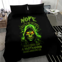 Black duvet bedding set with neon green glowing skull and caption text graphic