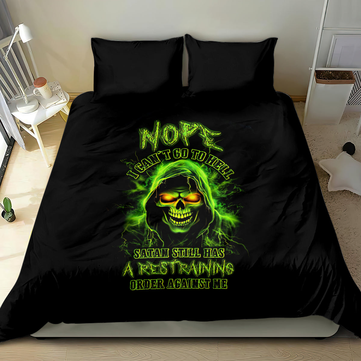 Black bedding set featuring neon green skull face and stacked text on duvet