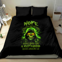 Black bedding set featuring neon green skull face and stacked text on duvet