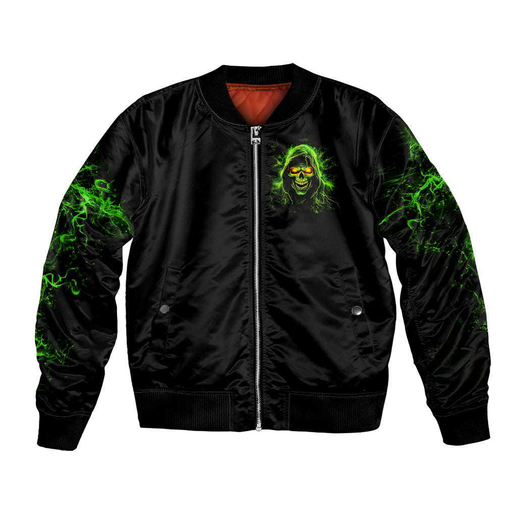 Black unisex bomber jacket, front zip with neon green skull patch and green accents