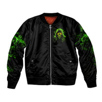 Black unisex bomber jacket, front zip with neon green skull patch and green accents