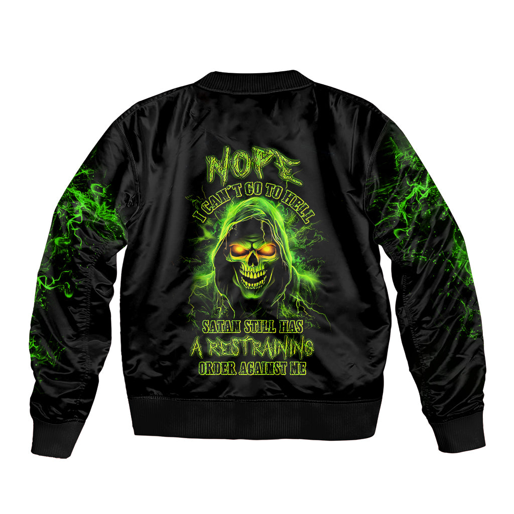 Black unisex bomber jacket with neon green skull graphic and ribbed collar cuffs