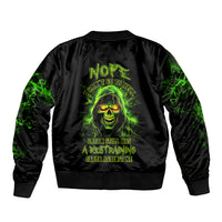 Black unisex bomber jacket with neon green skull graphic and ribbed collar cuffs