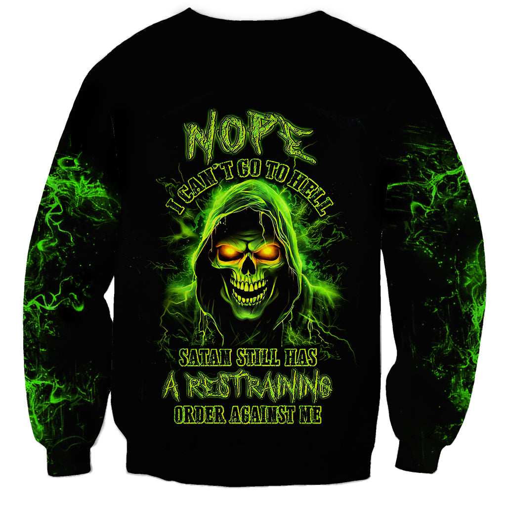 Black unisex sweatshirt with green skull graphic and bold front text