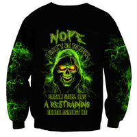 Black unisex sweatshirt with green skull graphic and bold front text