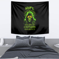 Black wall tapestry with neon green skull graphic and text