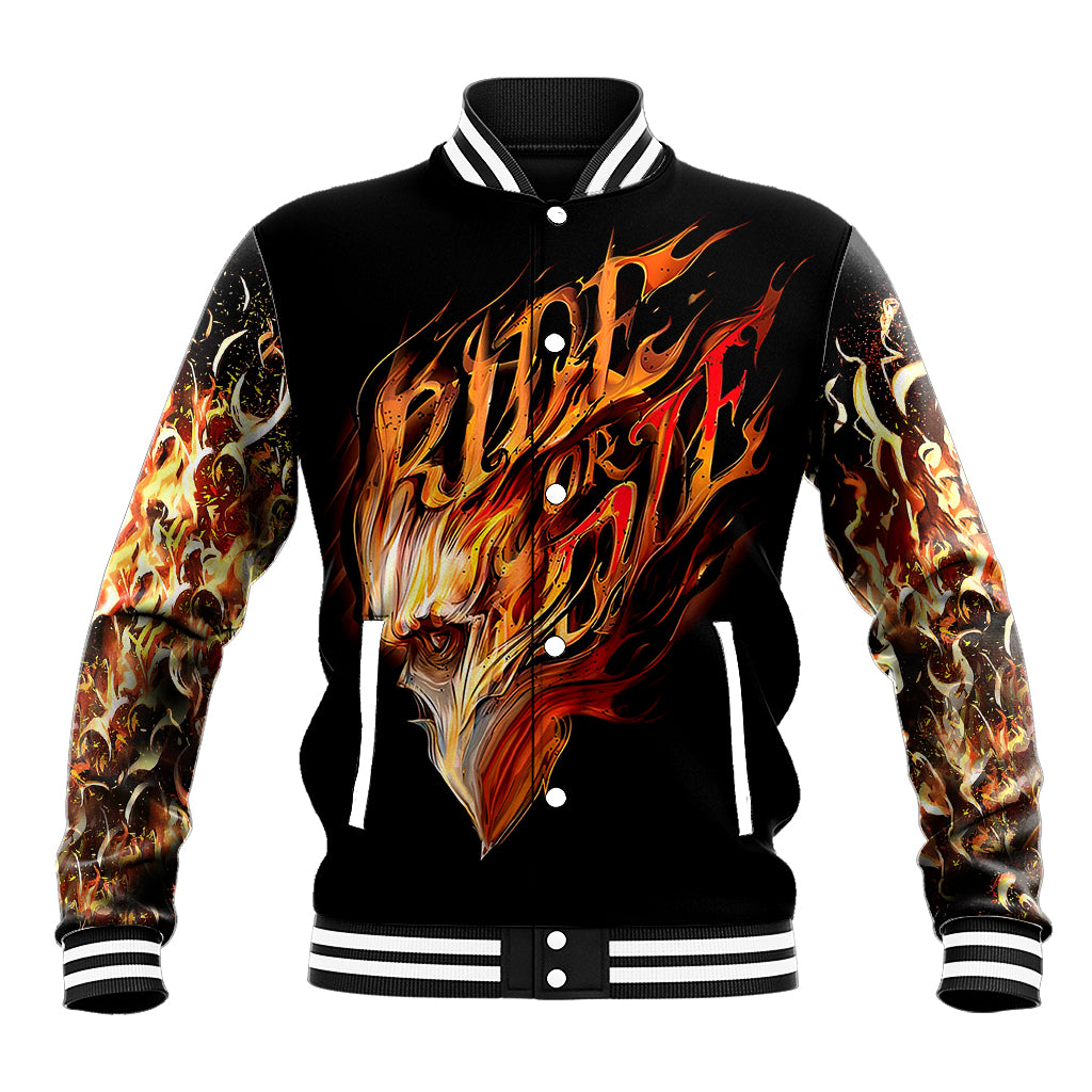 Black baseball jacket with fire skull graphic, snap front, striped collar/cuffs