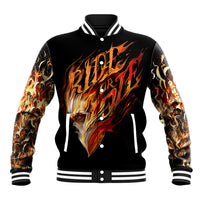 Black baseball jacket with fire skull graphic, snap front, striped collar/cuffs