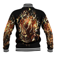 Black baseball jacket with fiery skull back graphic, striped ribbed hem and cuffs
