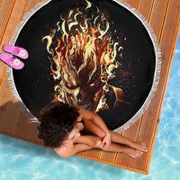 Round black beach blanket, 150cm, featuring a flaming skull print with white fringe