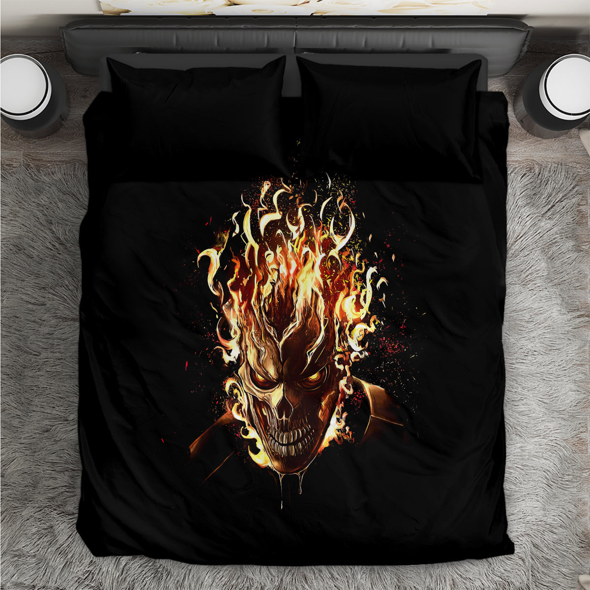 Black duvet cover bedding set with flaming skull graphic and two matching pillowcases