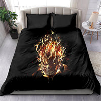 Black bedding set featuring flaming skull artwork on duvet and two black pillowcases