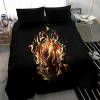 Black duvet bedding set with large flaming skull print and two matching pillowcases