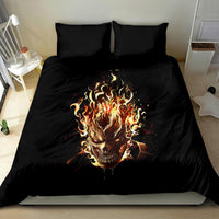 Black bedding set with flaming skull design on duvet and two coordinating pillowcases