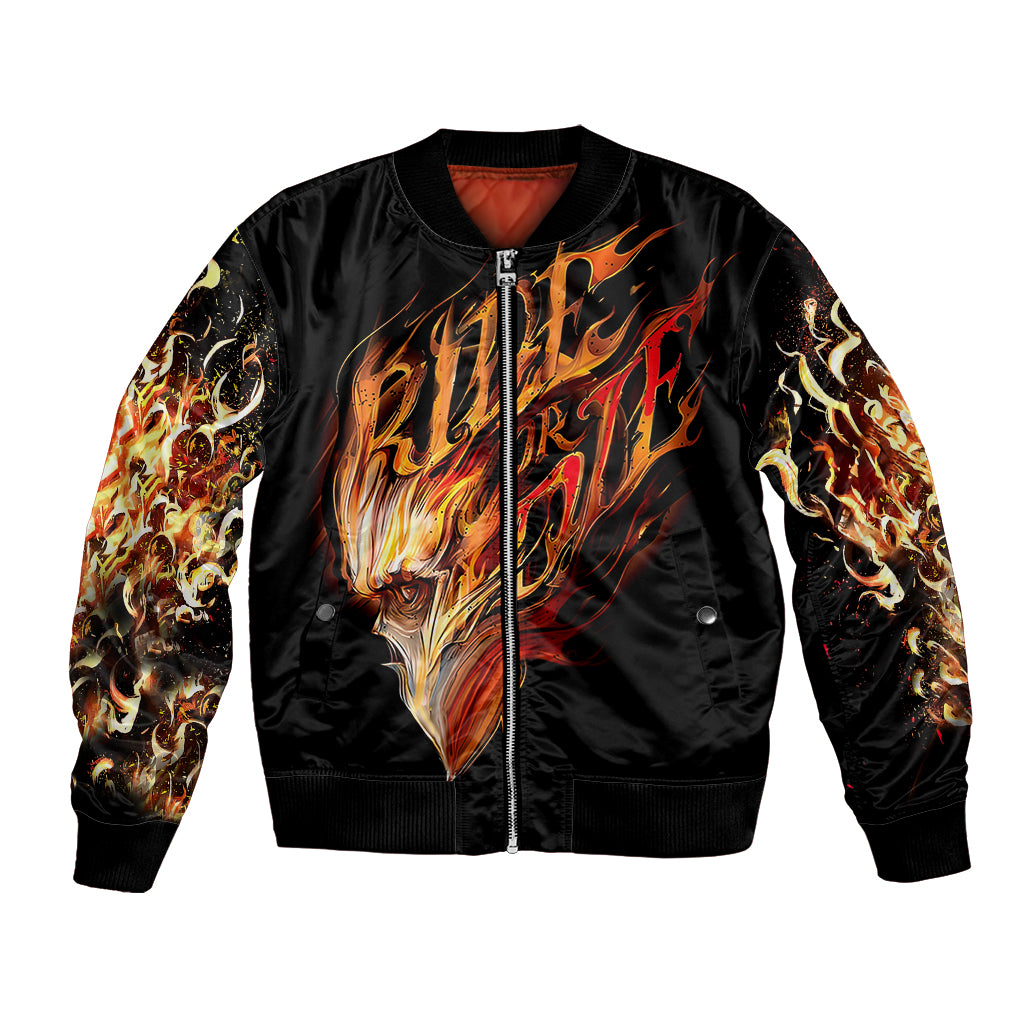 Black bomber jacket with front flame skull graphic, zip closure, ribbed cuffs and hem