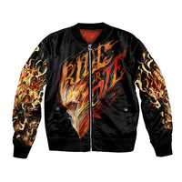 Black bomber jacket with front flame skull graphic, zip closure, ribbed cuffs and hem