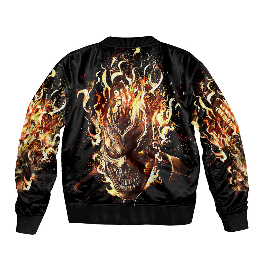 Black bomber jacket with back flaming skull print, ribbed collar, cuffs and hem