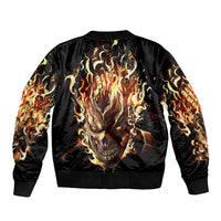 Black bomber jacket with back flaming skull print, ribbed collar, cuffs and hem