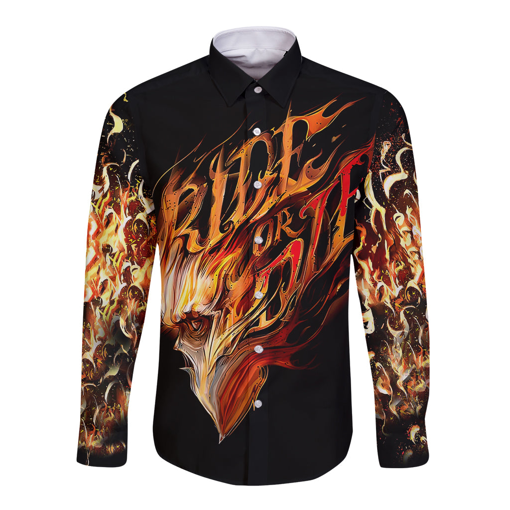 Fire Skull Long Sleeve Button Shirt Flame SKull Ride Or Die - Wonder Print Shop