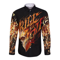Black long-sleeve button shirt with fiery skull front print