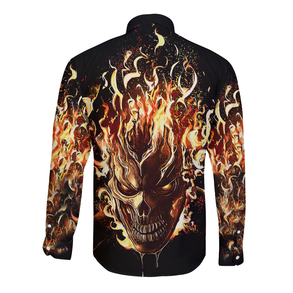 Black long-sleeve button shirt with blazing skull graphic on back