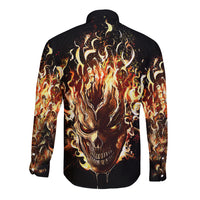 Black long-sleeve button shirt with blazing skull graphic on back