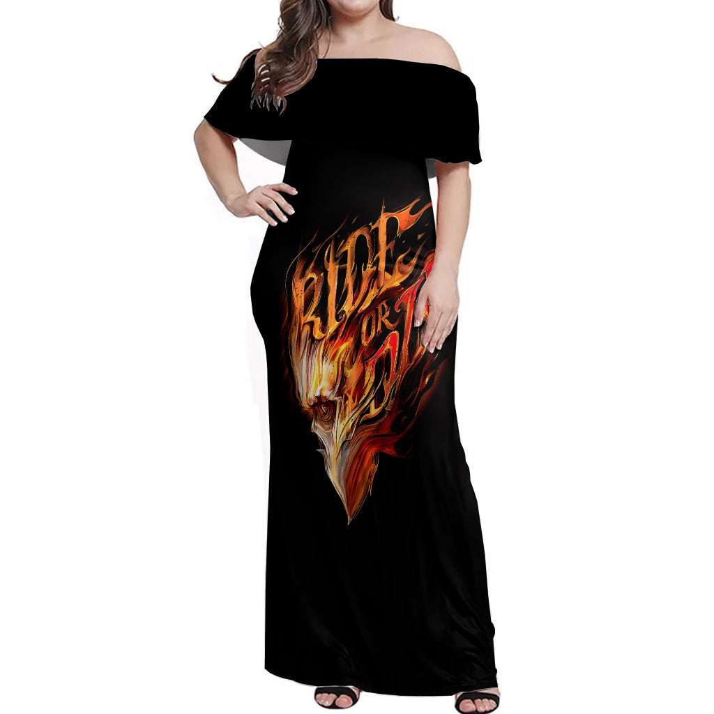 Fire Skull Off Shoulder Maxi Dress Flame SKull Ride Or Die - Wonder Print Shop