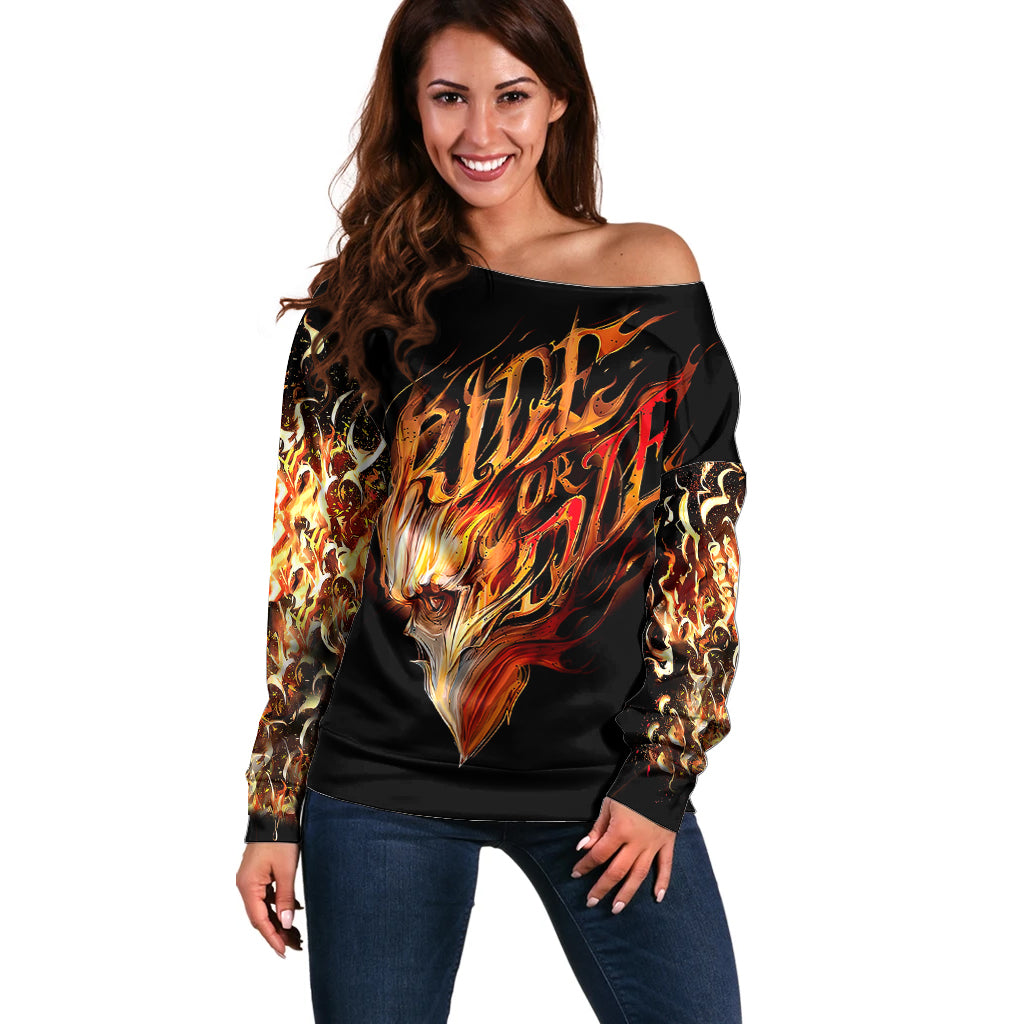 Fire Skull Off Shoulder Sweater Flame SKull Ride Or Die - Wonder Print Shop