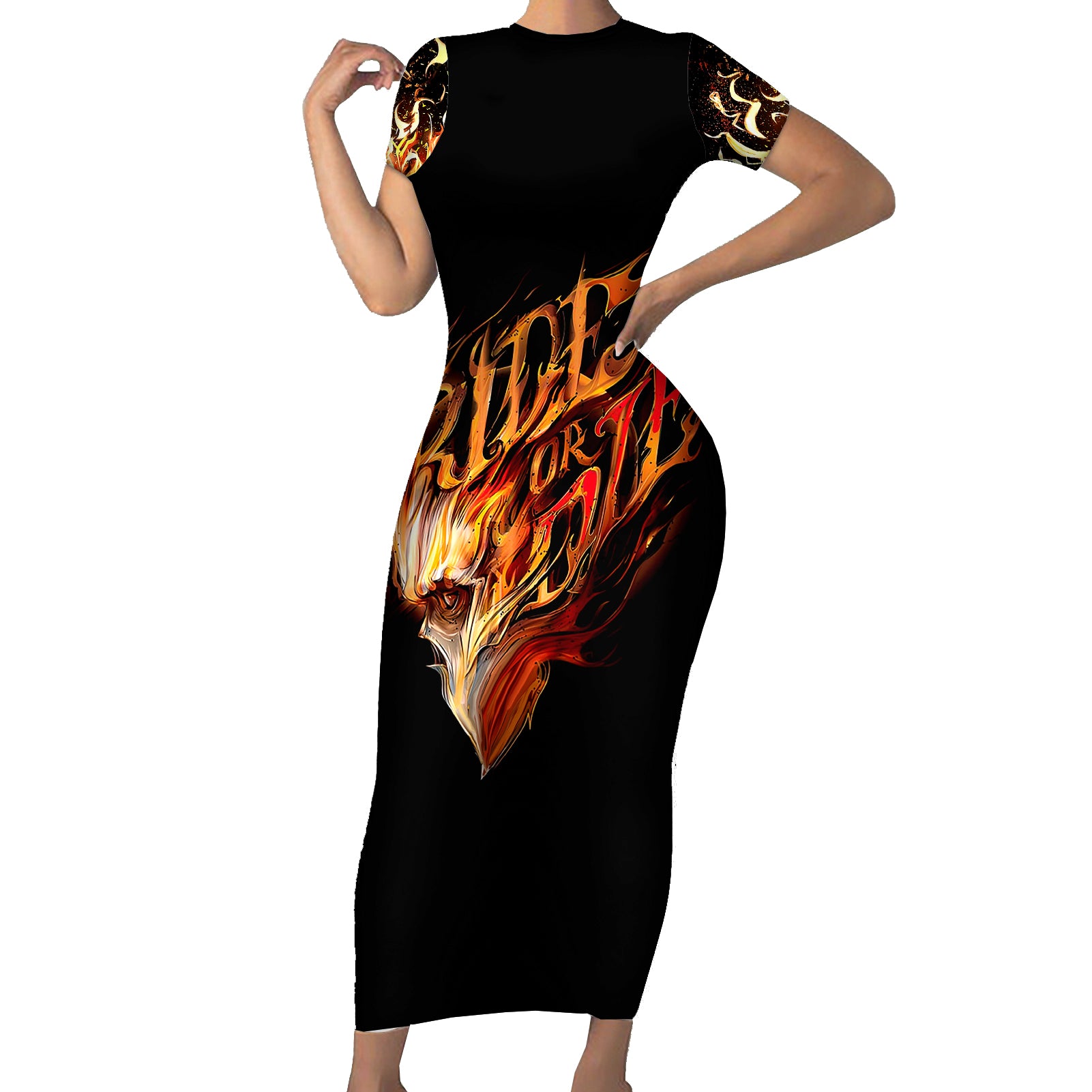 Fire Skull Short Sleeve Bodycon Dress Flame SKull Ride Or Die - Wonder Print Shop