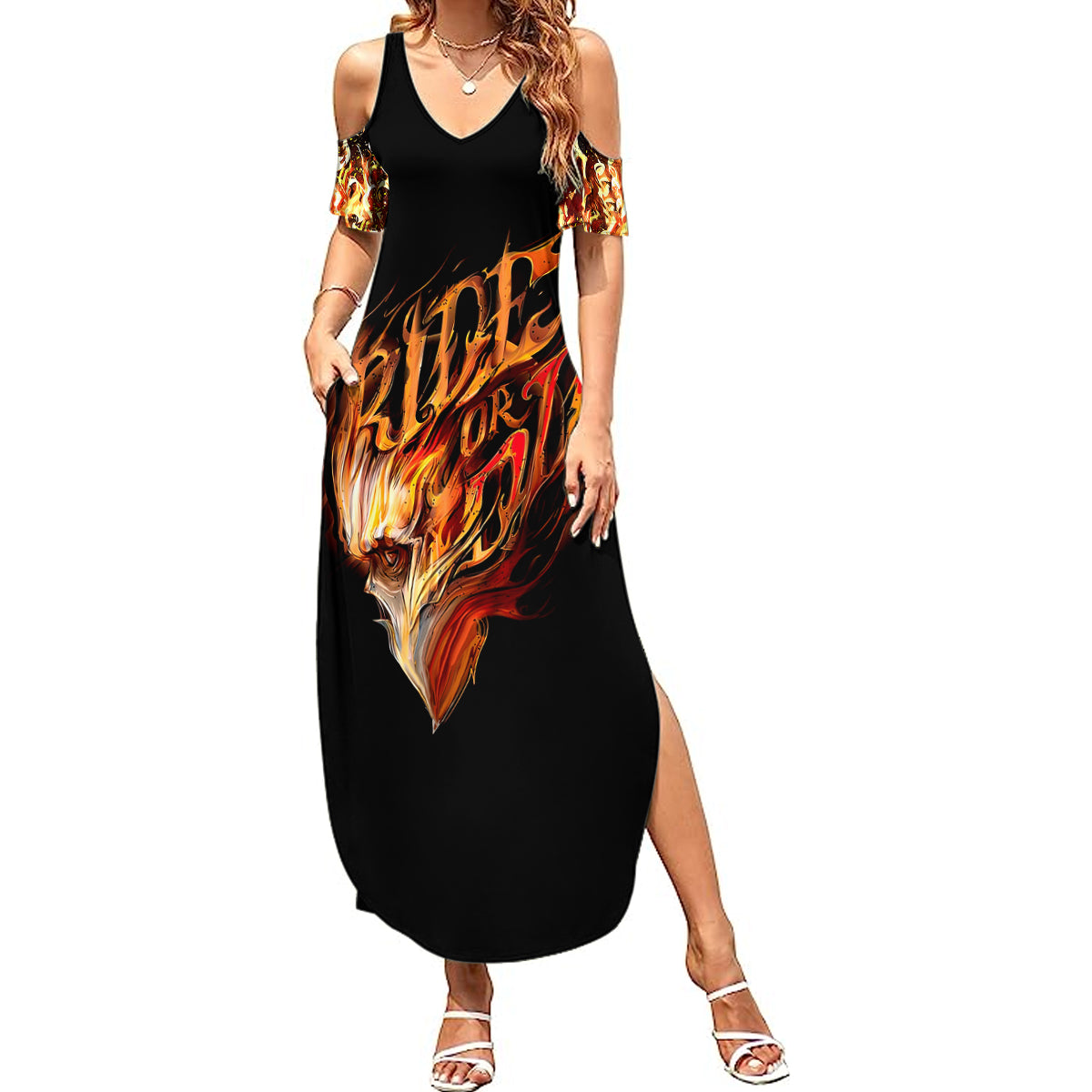 Fire Skull Summer Maxi Dress Flame SKull Ride Or Die - Wonder Print Shop