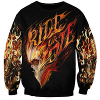 Black unisex sweatshirt with flame skull graphic, long sleeves and crew neckline