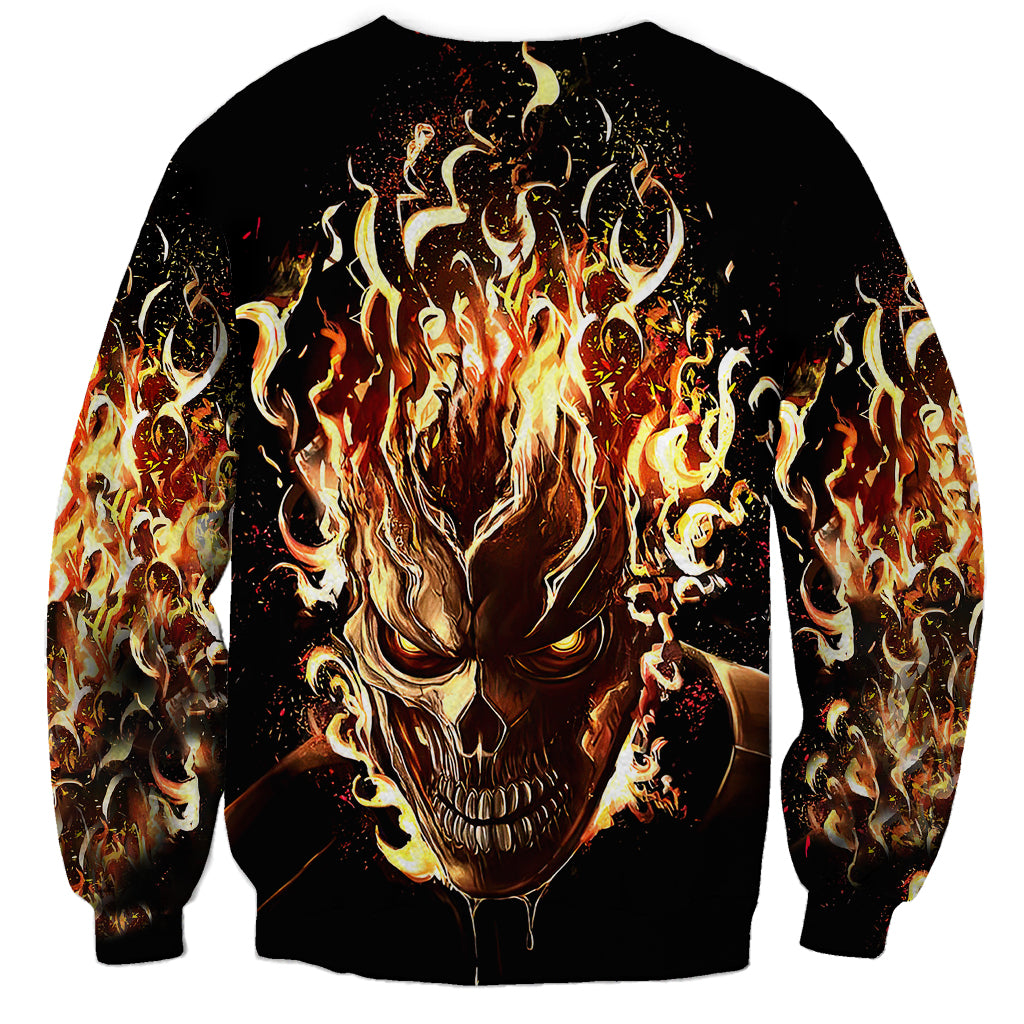 Black unisex sweatshirt with flaming skull graphic on back, long sleeves