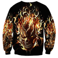 Black unisex sweatshirt with flaming skull graphic on back, long sleeves