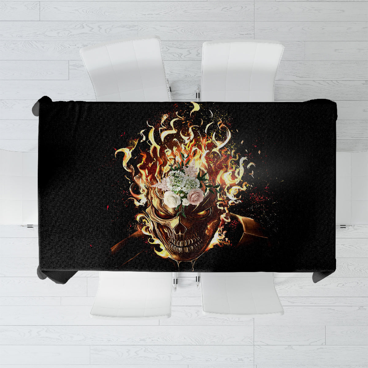 Black tablecloth with flaming skull graphic in the center, rectangular wrap style