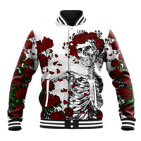 White unisex baseball jacket with red rose skull graphic, striped collar and cuffs