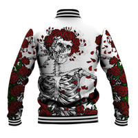 White unisex baseball jacket, back print shows rose skull with roses and striped rib trim