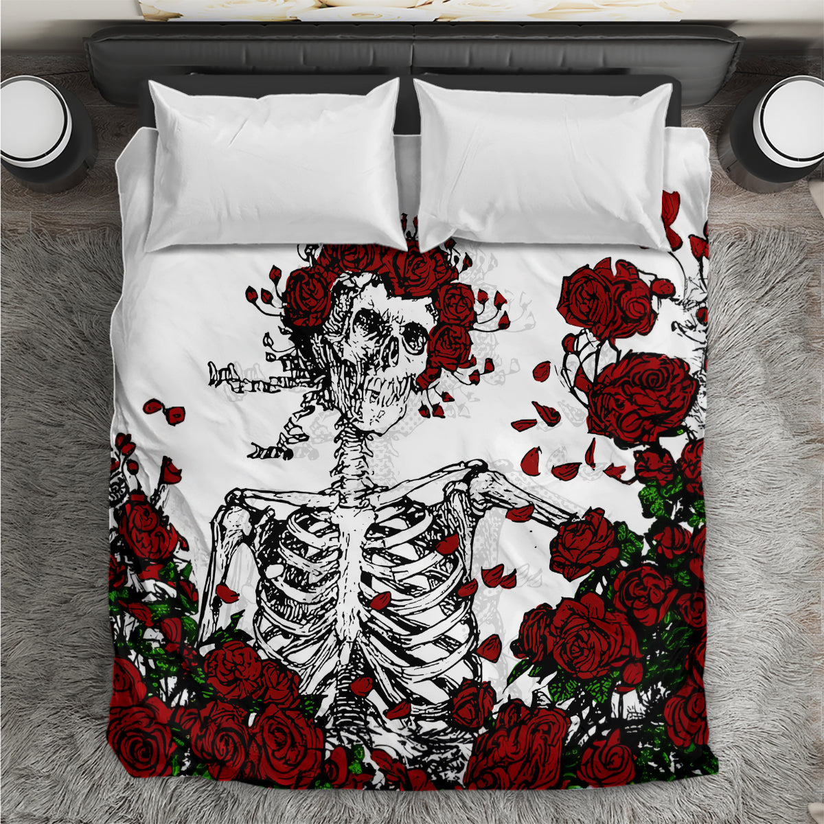 White bedding set with red rose and sugar skull skeleton print, coordinated pillowcases
