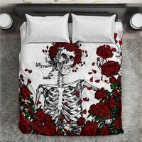 White bedding set with red rose and sugar skull skeleton print, coordinated pillowcases