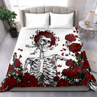 White duvet cover bedding set featuring red rose and skeleton skull artwork with two pillows
