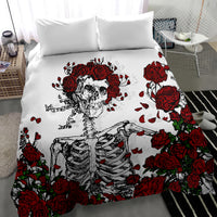 White bedding set with red roses and black-and-white skeleton skull graphic, two pillowcases