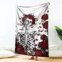 White skull and red rose Day of the Dead style blanket, detailed skeleton artwork
