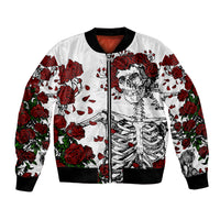 Unisex white bomber jacket with red rose and skull skeleton print, front zip