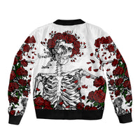 Unisex white bomber jacket with red roses and skeleton skull graphic, ribbed hem