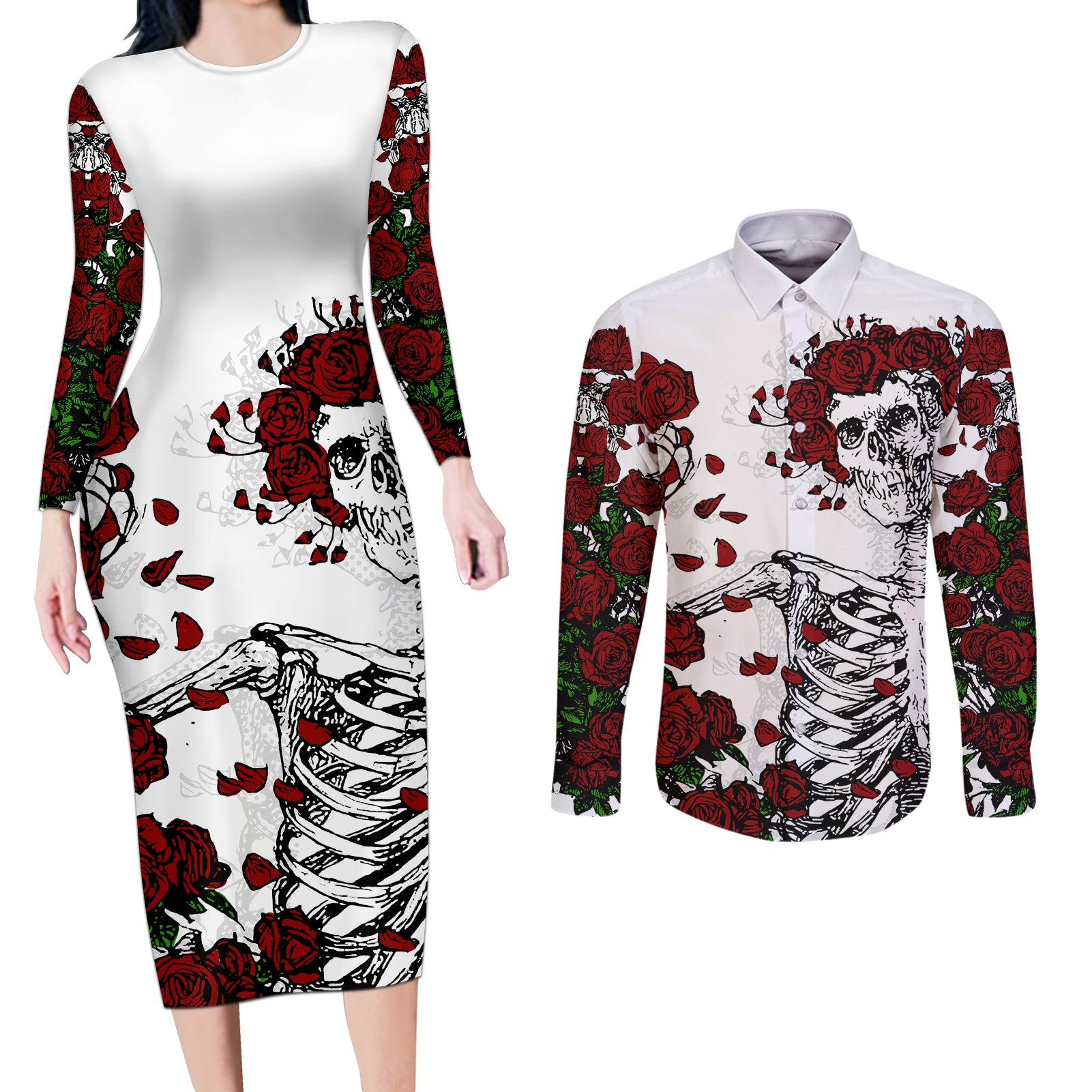 Rose Skull Couples Matching Long Sleeve Bodycon Dress and Long Sleeve Button Shirts Rose Skull Day Of The Dead - Wonder Print Shop
