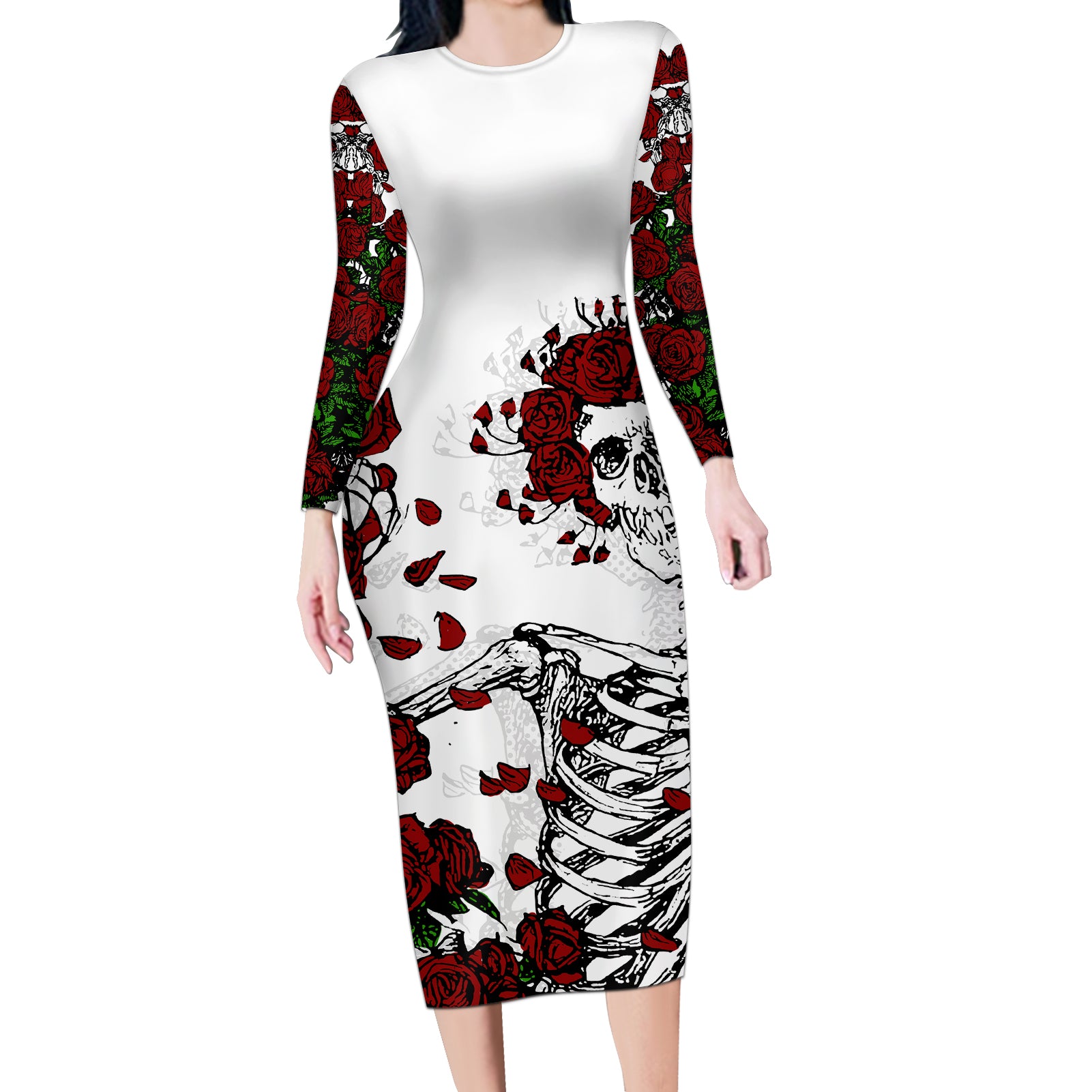 Rose Skull Long Sleeve Bodycon Dress Rose Skull Day Of The Dead - Wonder Print Shop