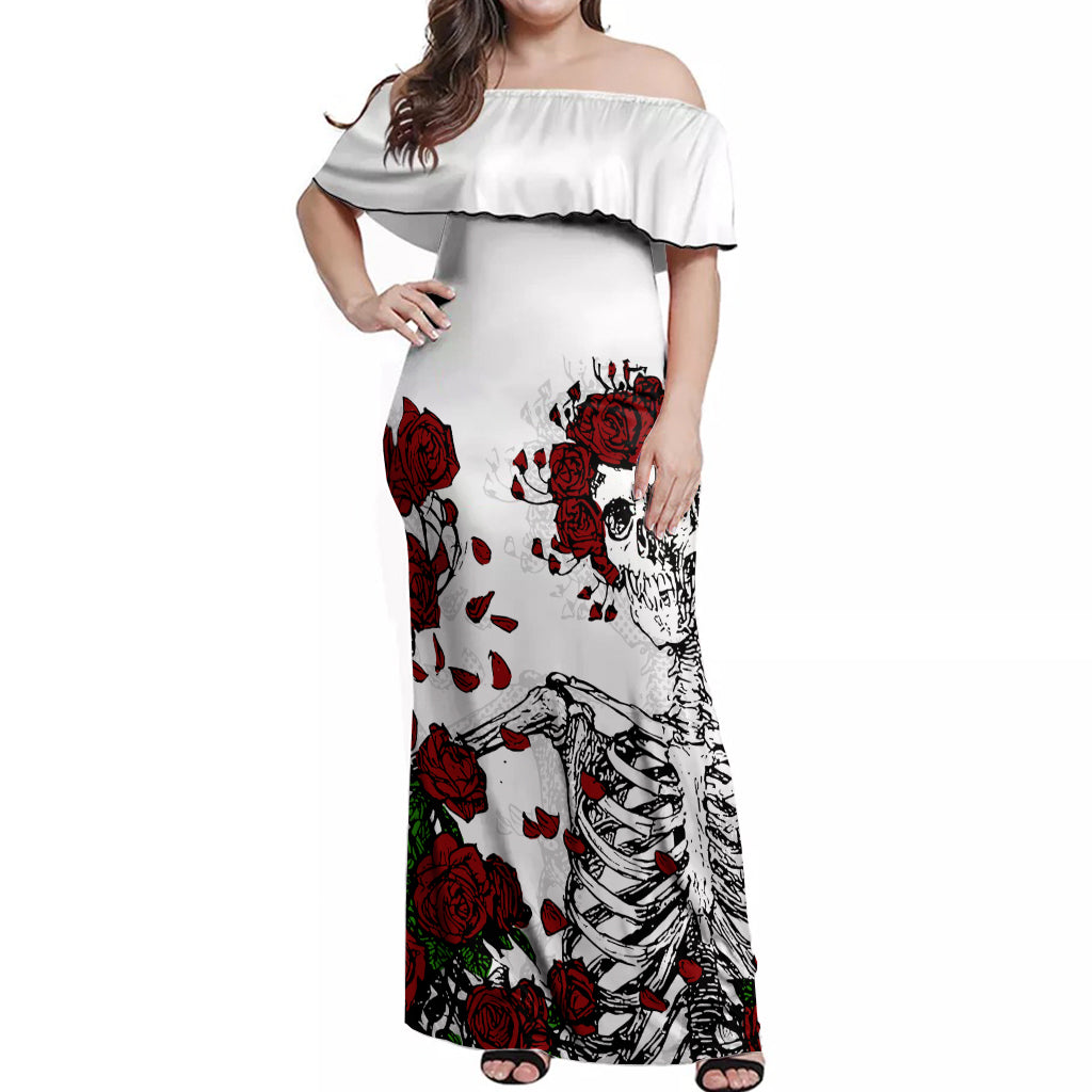 Rose Skull Off Shoulder Maxi Dress Rose Skull Day Of The Dead - Wonder Print Shop