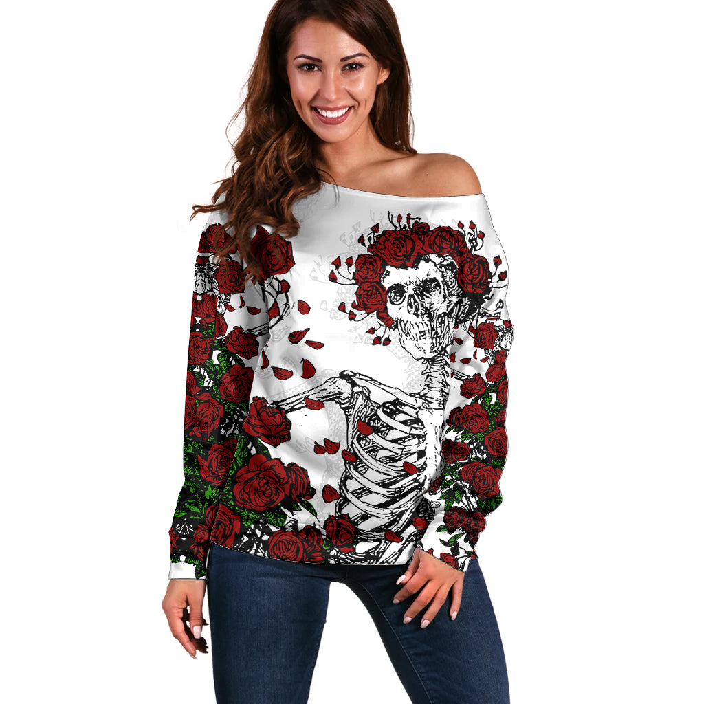 Rose Skull Off Shoulder Sweater Rose Skull Day Of The Dead - Wonder Print Shop