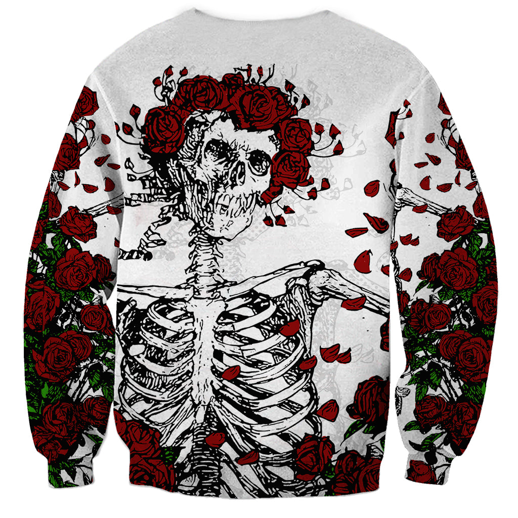 White unisex sweatshirt with back skull-and-red roses graphic, long sleeves